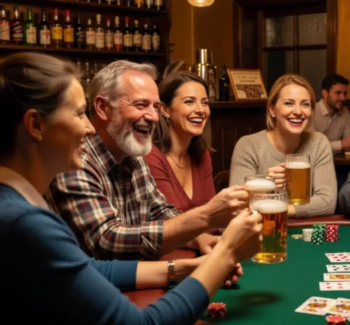 Grupa uśmiechniętych gości w RoadTripFleet podczas wieczoru pokerowego
