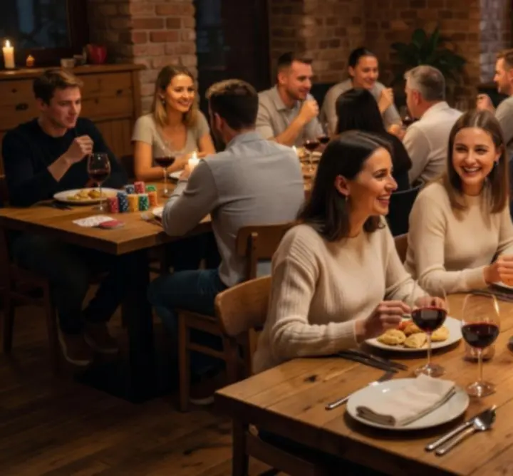 Przytulna sala restauracyjna RoadTripFleet z ciepłym oświetleniem i stołami przygotowanymi na wieczór